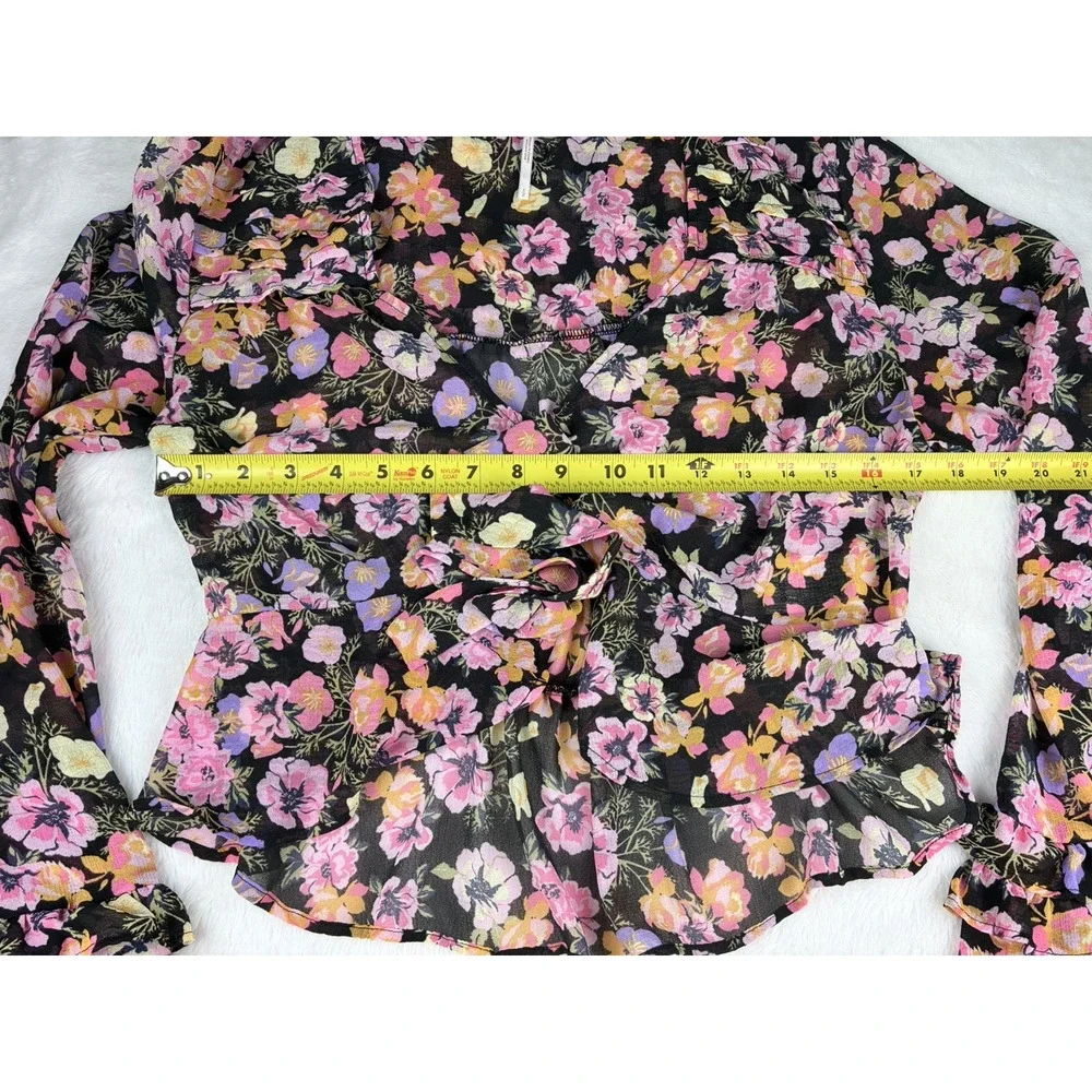 Free People Floral Blouse Womens Small Black Pink Sheer Ruffle Tie Front Boho